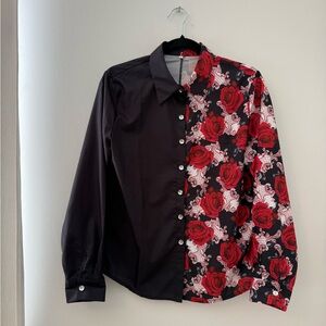 Elegant Black and Red Rose Print Shirt